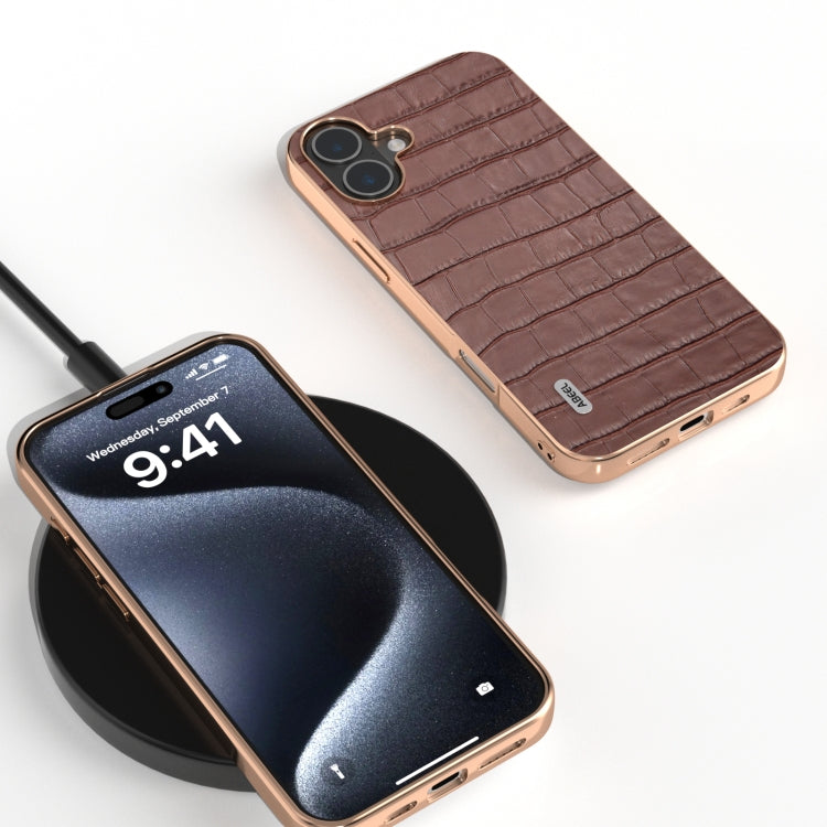 For iPhone 16 ABEEL Electroplating Frame Crocodile Texture Genuine Leather Phone Case