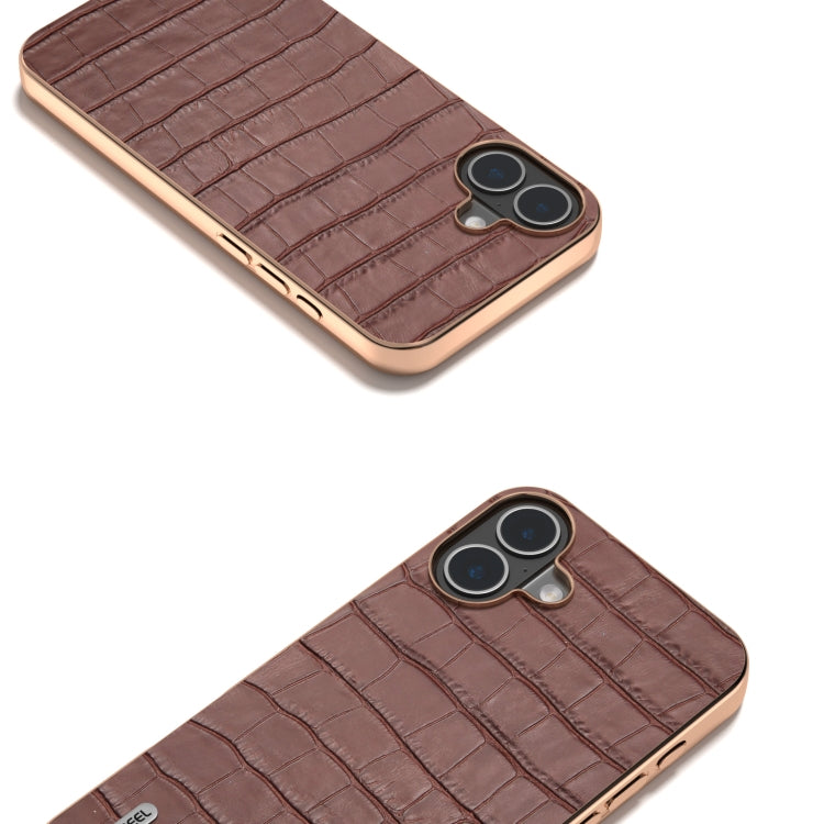 For iPhone 16 ABEEL Electroplating Frame Crocodile Texture Genuine Leather Phone Case