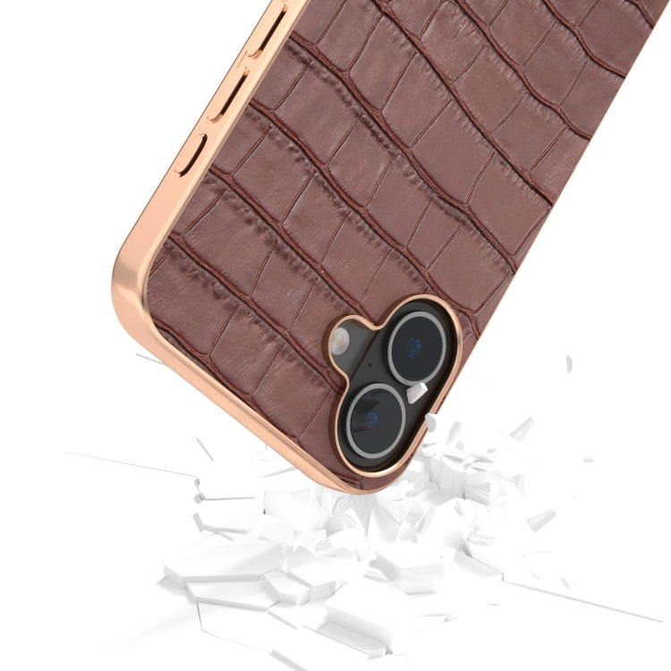 For iPhone 16 ABEEL Electroplating Frame Crocodile Texture Genuine Leather Phone Case