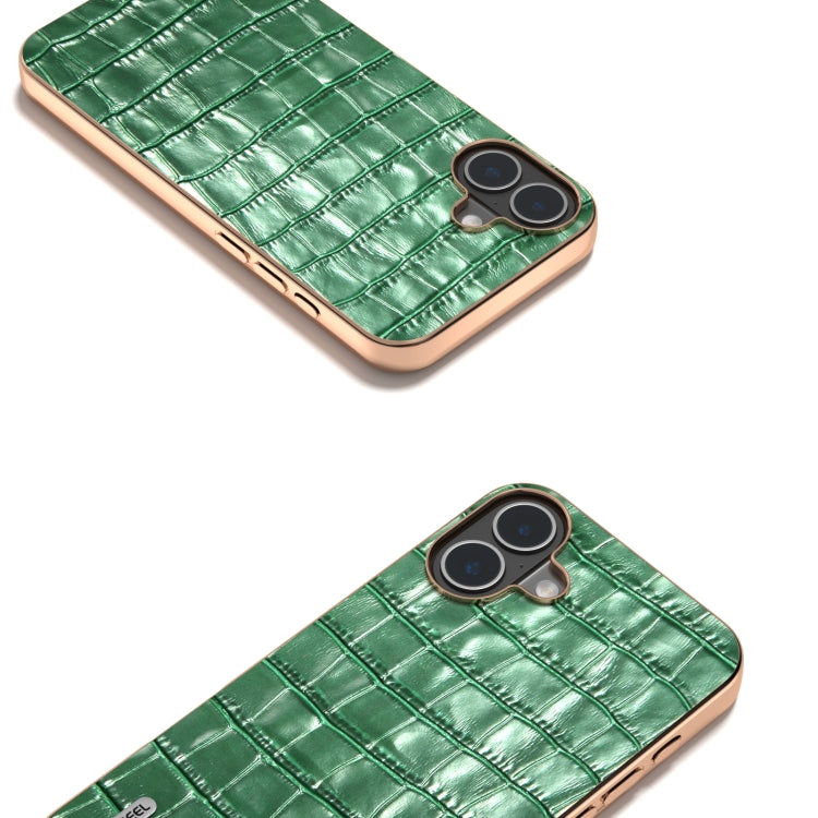 For iPhone 16 ABEEL Electroplating Frame Crocodile Texture Genuine Leather Phone Case