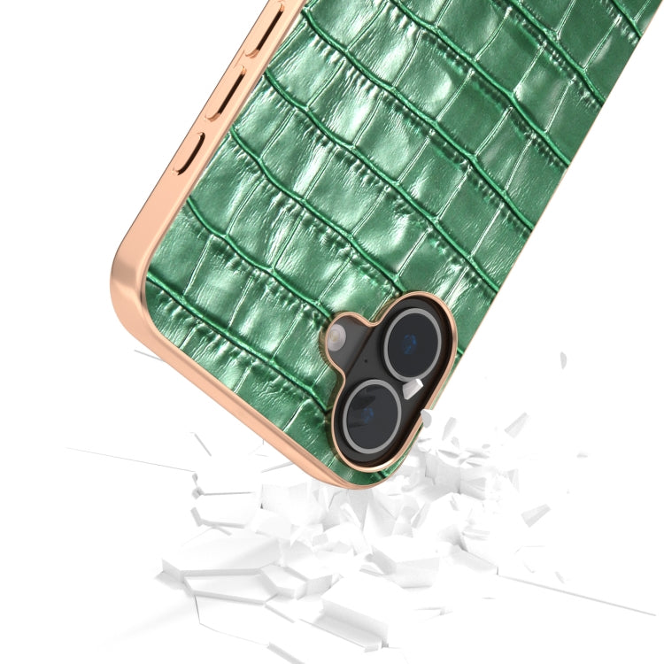 For iPhone 16 ABEEL Electroplating Frame Crocodile Texture Genuine Leather Phone Case