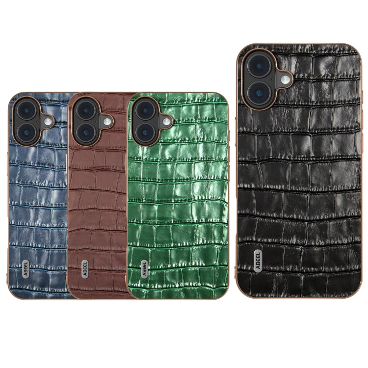 For iPhone 16 ABEEL Electroplating Frame Crocodile Texture Genuine Leather Phone Case