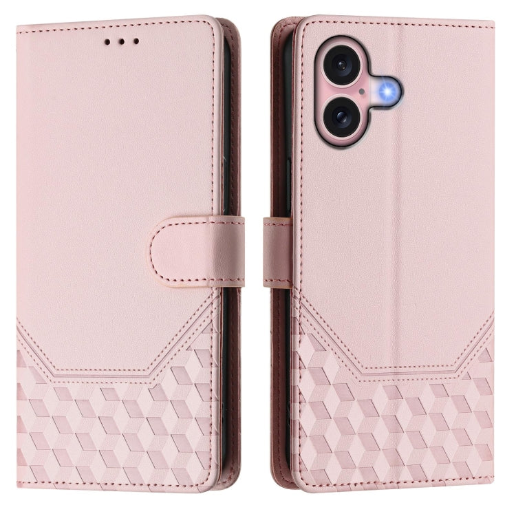 For iPhone 16 Plus Honeycomb Embossing RFID Leather Phone Case
