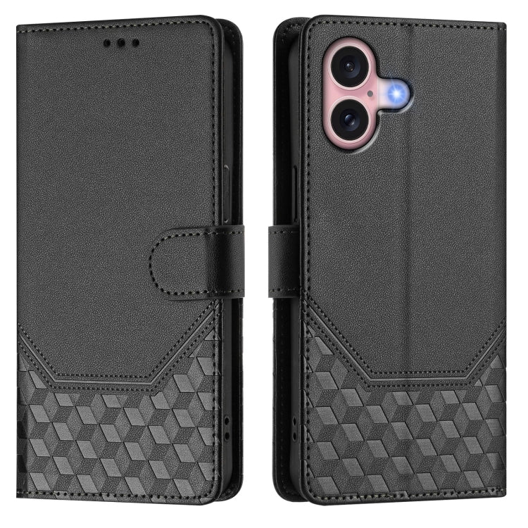 For iPhone 16 Plus Honeycomb Embossing RFID Leather Phone Case