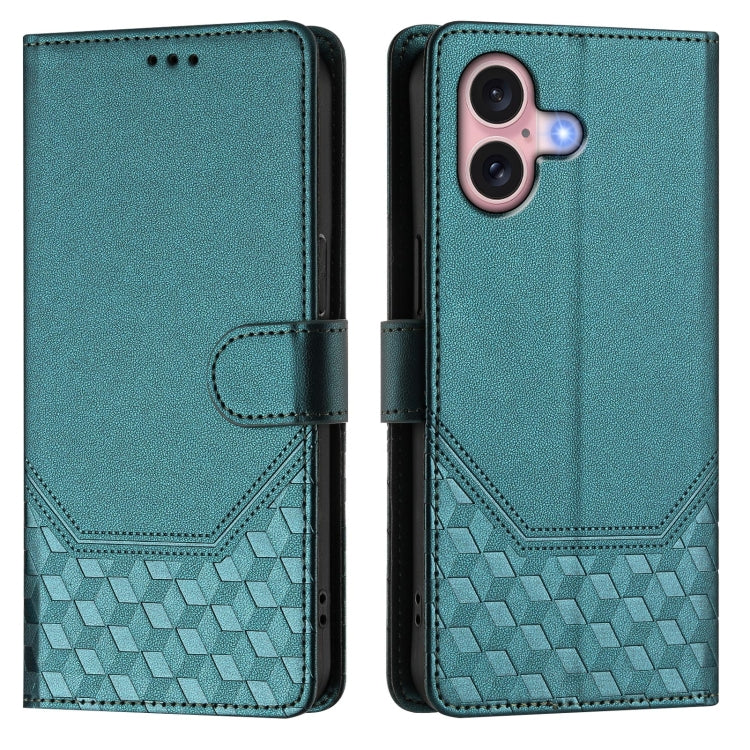 For iPhone 16 Plus Honeycomb Embossing RFID Leather Phone Case