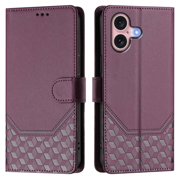 For iPhone 16 Plus Honeycomb Embossing RFID Leather Phone Case