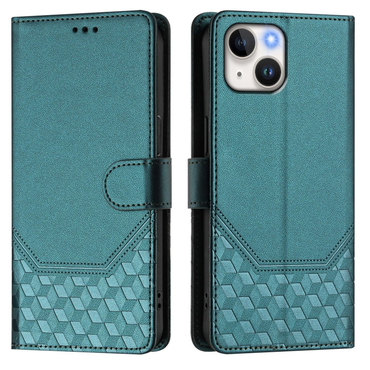 For iPhone 15 Honeycomb Embossing RFID Leather Phone Case