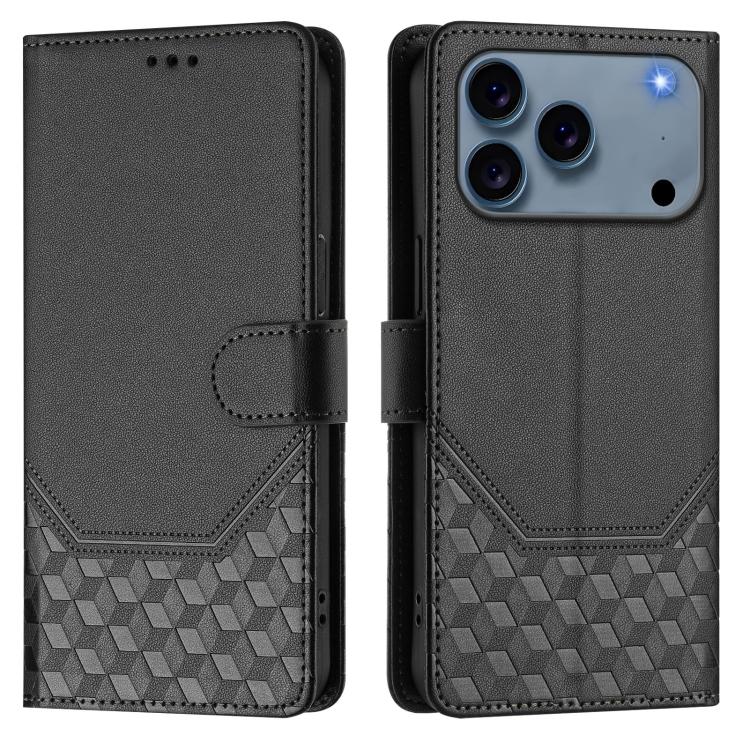 For iPhone 17 Pro Honeycomb Embossing RFID Leather Phone Case