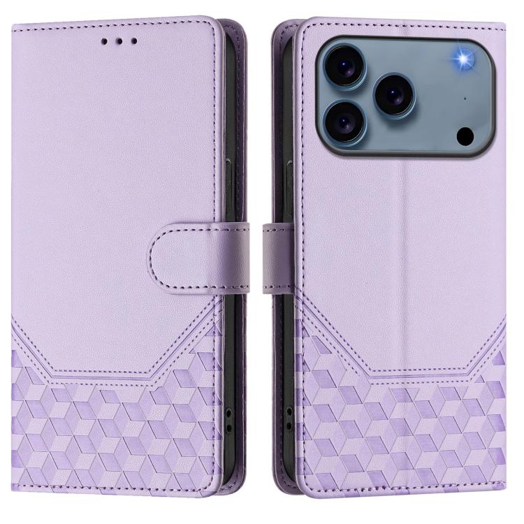 For iPhone 17 Pro Max Honeycomb Embossing RFID Leather Phone Case