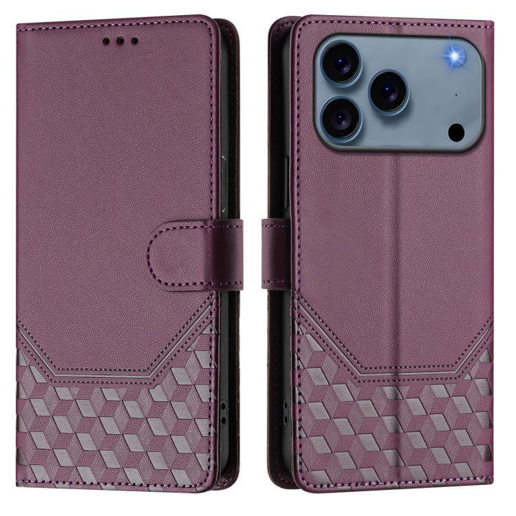 For iPhone 17 Pro Max Honeycomb Embossing RFID Leather Phone Case