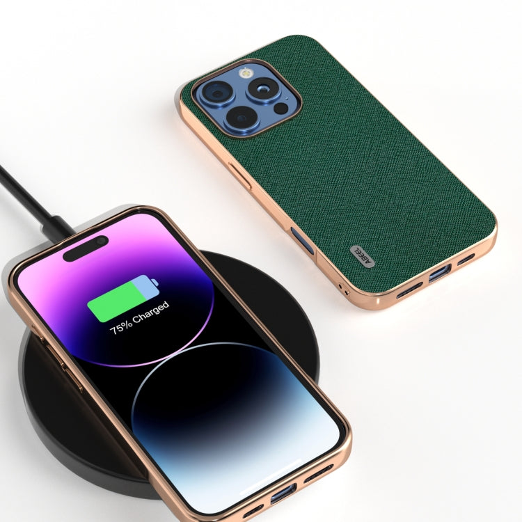 For iPhone 16 Pro Max ABEEL Electroplating Frame Cross Texture Genuine Leather Phone Case