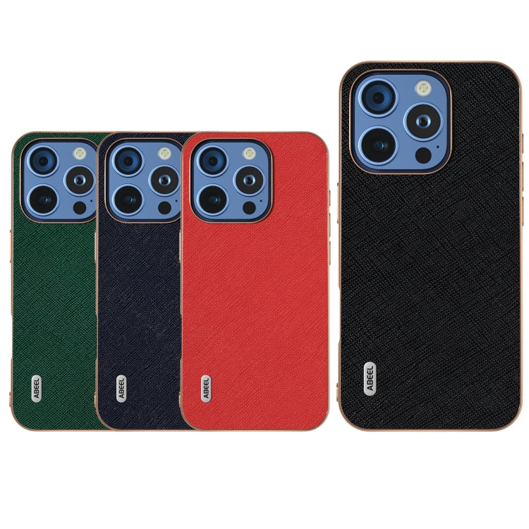 For iPhone 16 Pro ABEEL Electroplating Frame Cross Texture Genuine Leather Phone Case