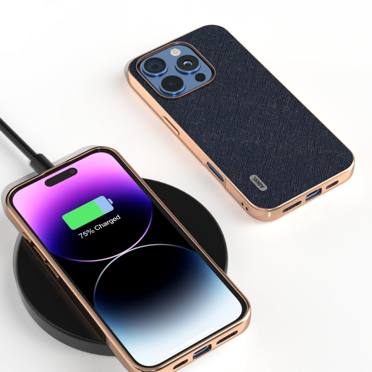 For iPhone 16 Pro ABEEL Electroplating Frame Cross Texture Genuine Leather Phone Case