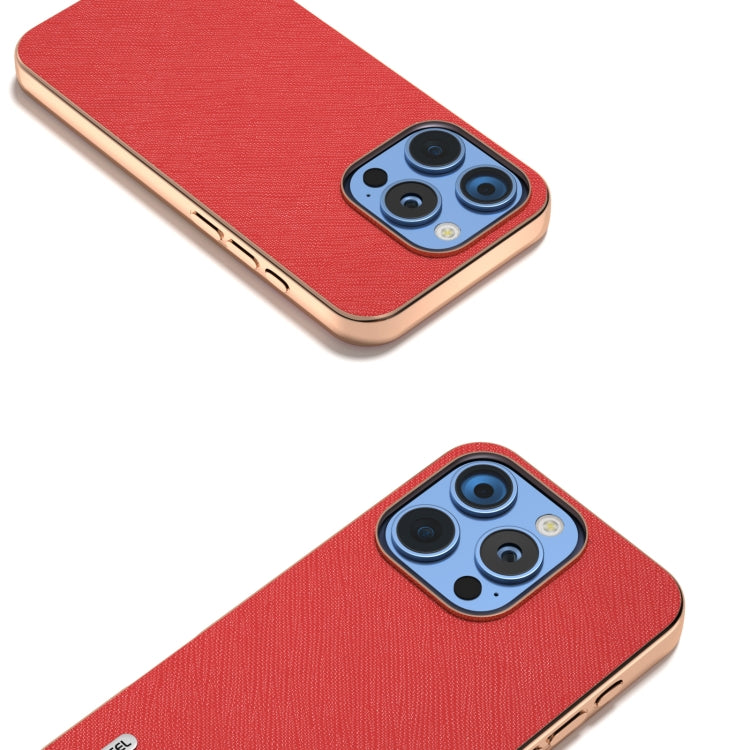 For iPhone 16 Pro ABEEL Electroplating Frame Cross Texture Genuine Leather Phone Case