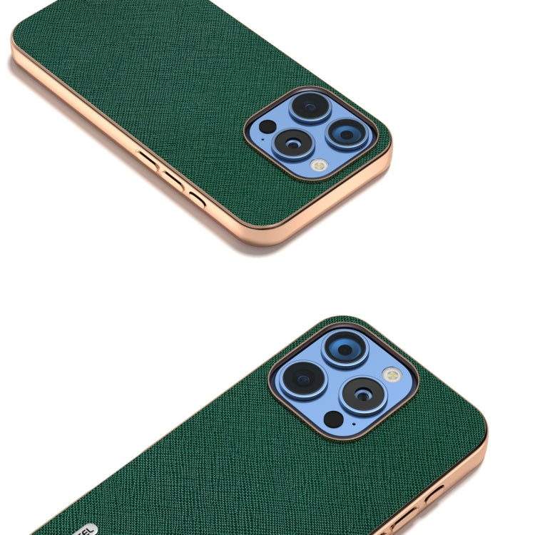 For iPhone 16 Pro ABEEL Electroplating Frame Cross Texture Genuine Leather Phone Case