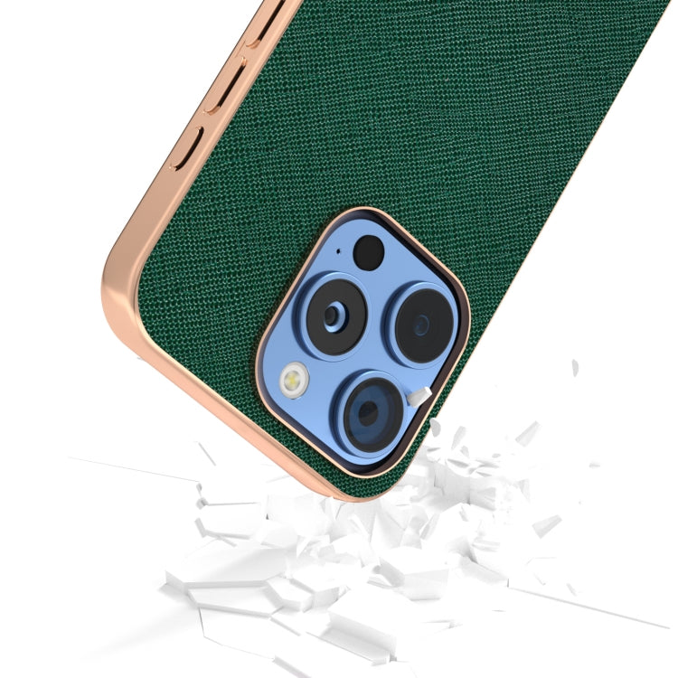 For iPhone 16 Pro ABEEL Electroplating Frame Cross Texture Genuine Leather Phone Case