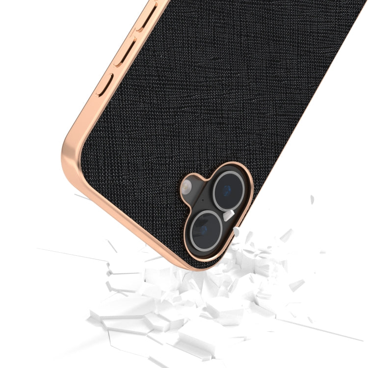 For iPhone 16 Plus ABEEL Electroplating Frame Cross Texture Genuine Leather Phone Case