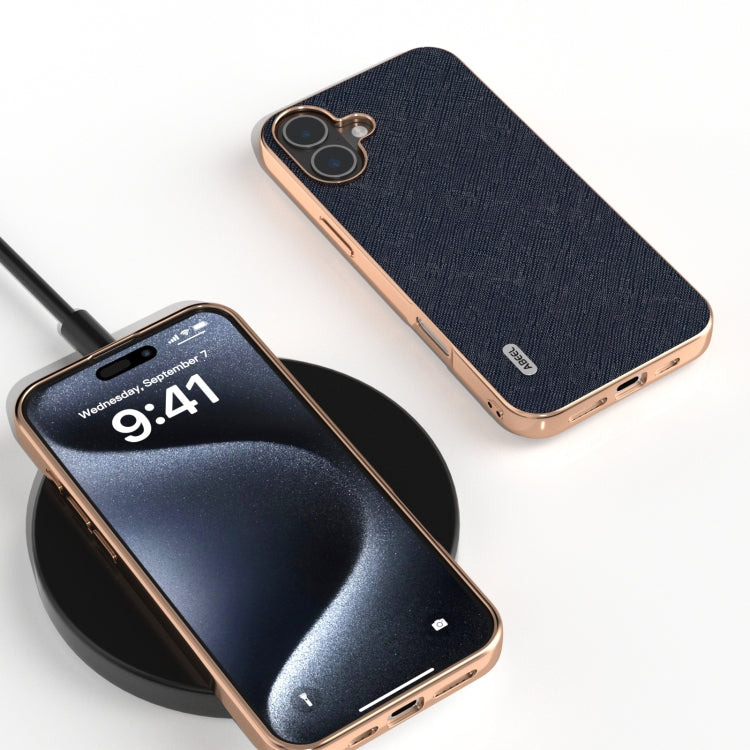 For iPhone 16 Plus ABEEL Electroplating Frame Cross Texture Genuine Leather Phone Case