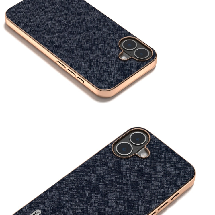 For iPhone 16 Plus ABEEL Electroplating Frame Cross Texture Genuine Leather Phone Case