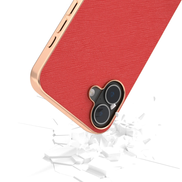 For iPhone 16 Plus ABEEL Electroplating Frame Cross Texture Genuine Leather Phone Case
