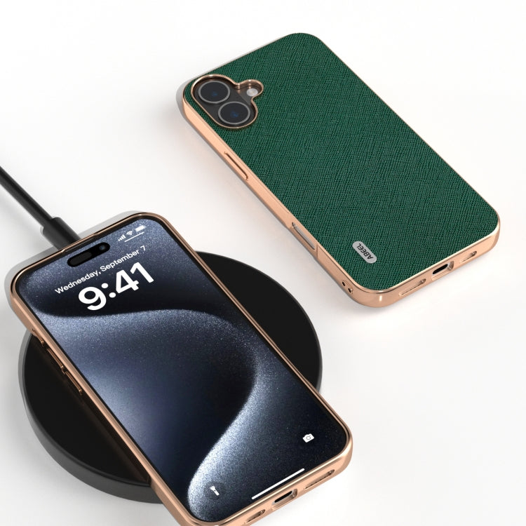 For iPhone 16 Plus ABEEL Electroplating Frame Cross Texture Genuine Leather Phone Case