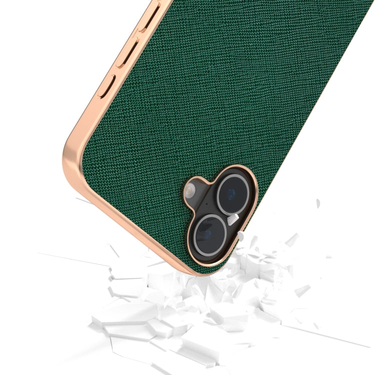 For iPhone 16 Plus ABEEL Electroplating Frame Cross Texture Genuine Leather Phone Case