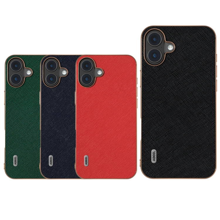 For iPhone 16 Plus ABEEL Electroplating Frame Cross Texture Genuine Leather Phone Case