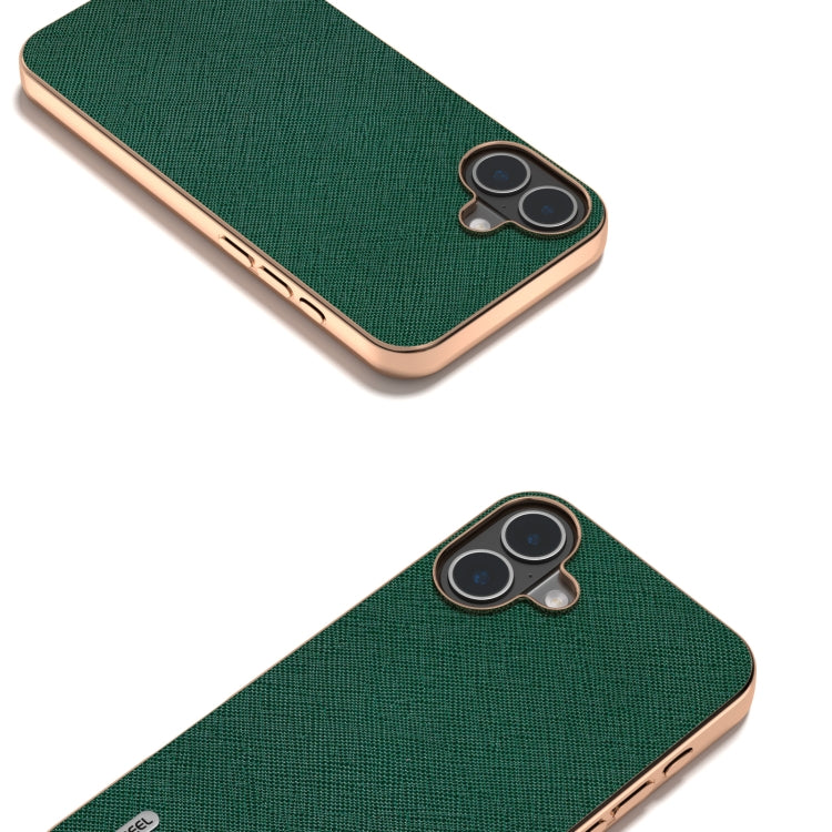 For iPhone 16 ABEEL Electroplating Frame Cross Texture Genuine Leather Phone Case
