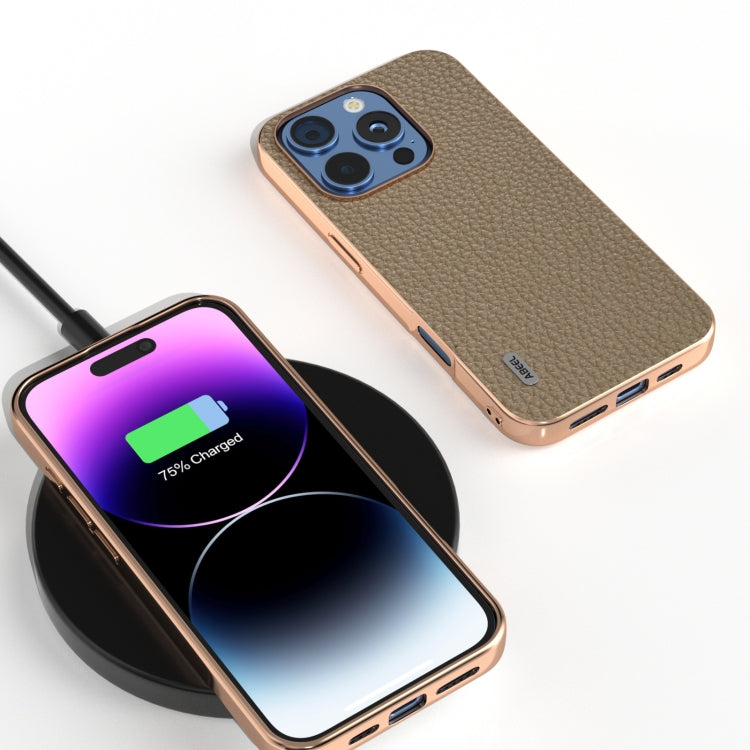 For iPhone 16 Pro Max ABEEL Electroplating Frame Genuine Leather Litchi Texture Phone Case