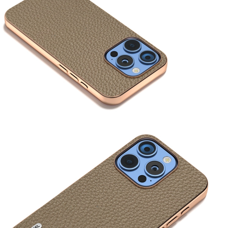 For iPhone 16 Pro Max ABEEL Electroplating Frame Genuine Leather Litchi Texture Phone Case
