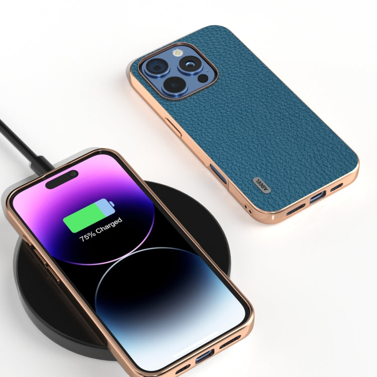 For iPhone 16 Pro Max ABEEL Electroplating Frame Genuine Leather Litchi Texture Phone Case