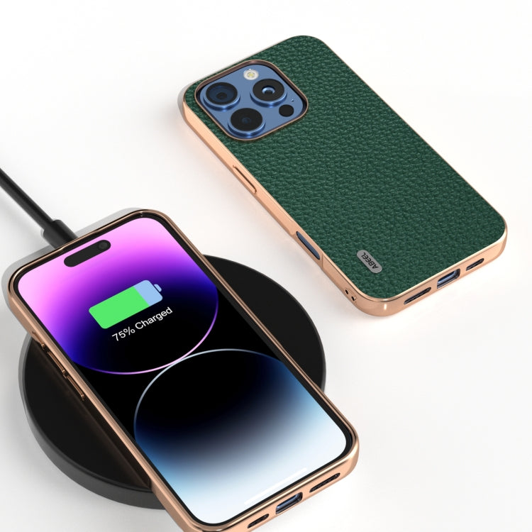 For iPhone 16 Pro ABEEL Electroplating Frame Genuine Leather Litchi Texture Phone Case