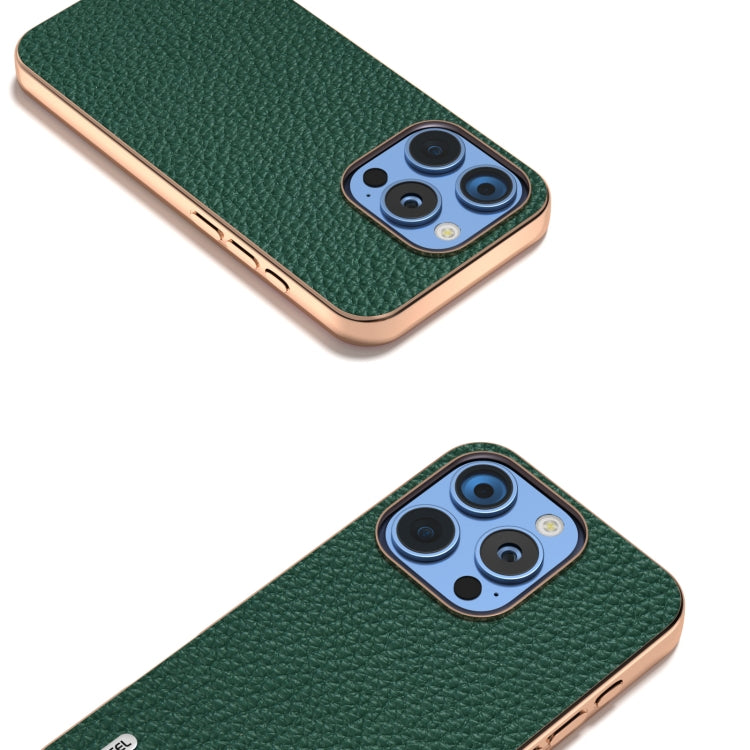 For iPhone 16 Pro ABEEL Electroplating Frame Genuine Leather Litchi Texture Phone Case