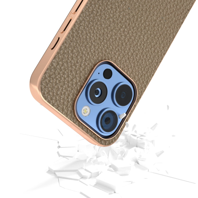 For iPhone 16 Pro ABEEL Electroplating Frame Genuine Leather Litchi Texture Phone Case