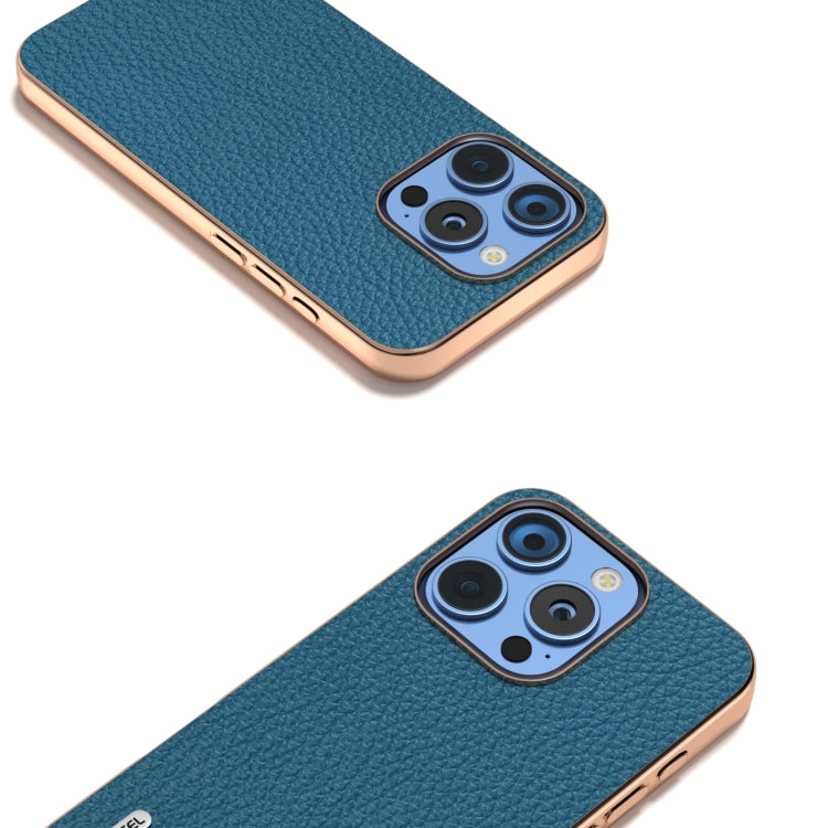 For iPhone 16 Pro ABEEL Electroplating Frame Genuine Leather Litchi Texture Phone Case