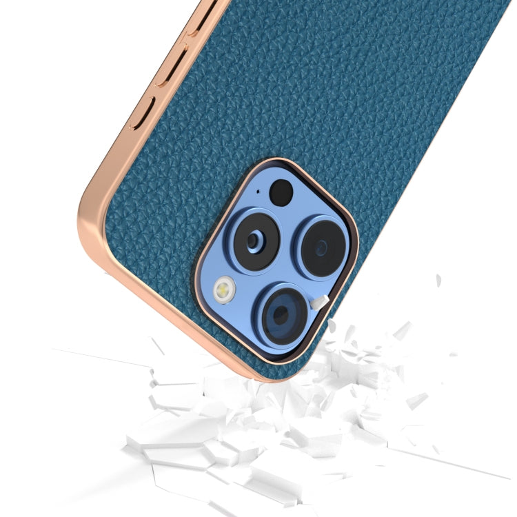For iPhone 16 Pro ABEEL Electroplating Frame Genuine Leather Litchi Texture Phone Case
