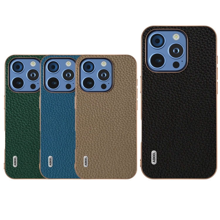 For iPhone 16 Pro ABEEL Electroplating Frame Genuine Leather Litchi Texture Phone Case
