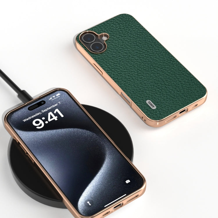 For iPhone 16 ABEEL Electroplating Frame Genuine Leather Litchi Texture Phone Case
