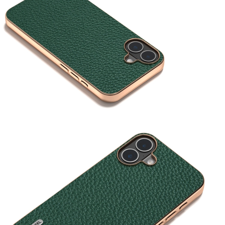 For iPhone 16 ABEEL Electroplating Frame Genuine Leather Litchi Texture Phone Case