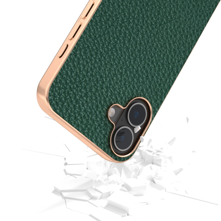 For iPhone 16 ABEEL Electroplating Frame Genuine Leather Litchi Texture Phone Case