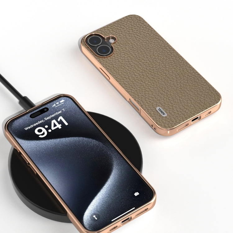For iPhone 16 ABEEL Electroplating Frame Genuine Leather Litchi Texture Phone Case