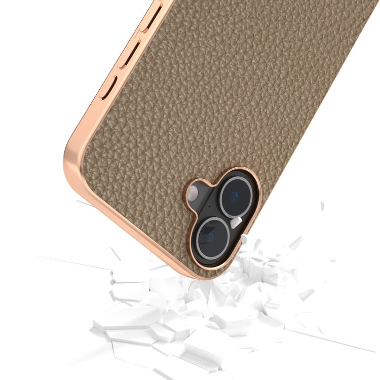 For iPhone 16 ABEEL Electroplating Frame Genuine Leather Litchi Texture Phone Case