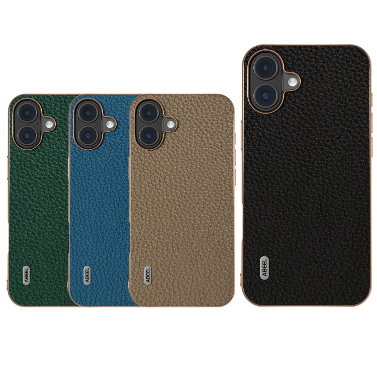 For iPhone 16 ABEEL Electroplating Frame Genuine Leather Litchi Texture Phone Case