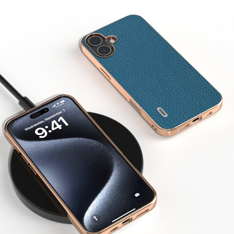 For iPhone 16 ABEEL Electroplating Frame Genuine Leather Litchi Texture Phone Case