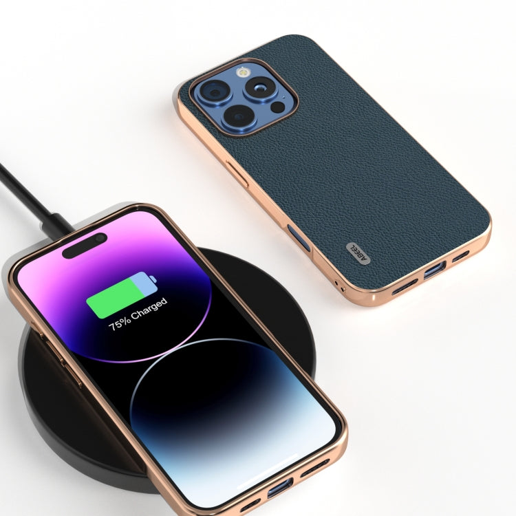 For iPhone 16 Pro Max ABEEL Electroplating Frame Genuine Leather + PC Litchi Texture Phone Case