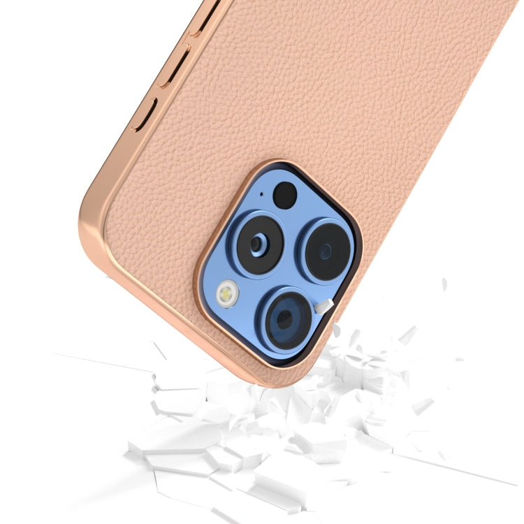 For iPhone 16 Pro Max ABEEL Electroplating Frame Genuine Leather + PC Litchi Texture Phone Case