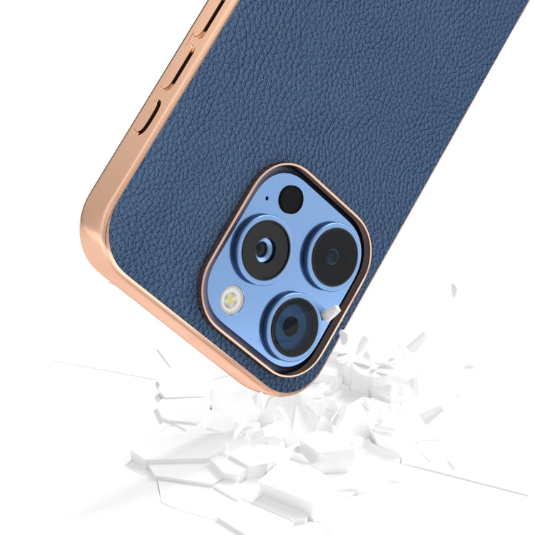 For iPhone 16 Pro Max ABEEL Electroplating Frame Genuine Leather + PC Litchi Texture Phone Case