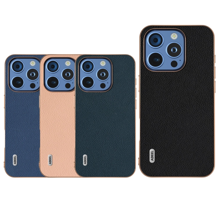 For iPhone 16 Pro ABEEL Electroplating Frame Genuine Leather + PC Litchi Texture Phone Case