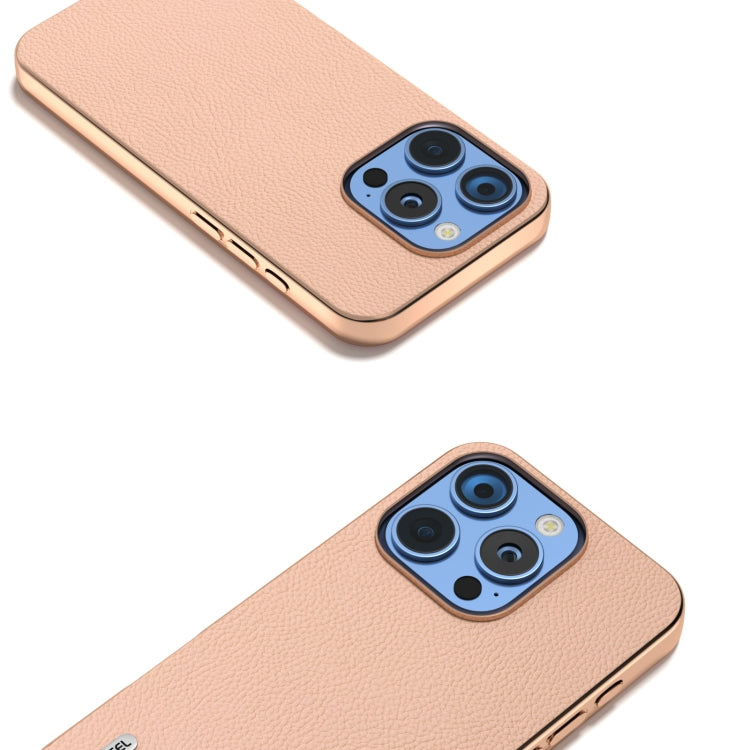 For iPhone 16 Pro ABEEL Electroplating Frame Genuine Leather + PC Litchi Texture Phone Case