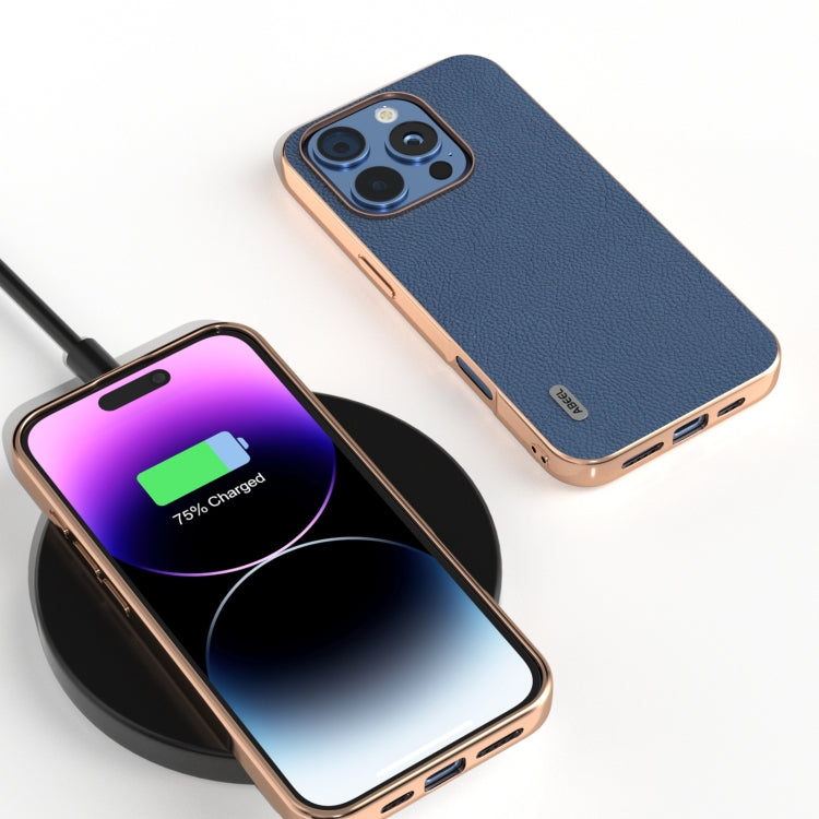 For iPhone 16 Pro ABEEL Electroplating Frame Genuine Leather + PC Litchi Texture Phone Case